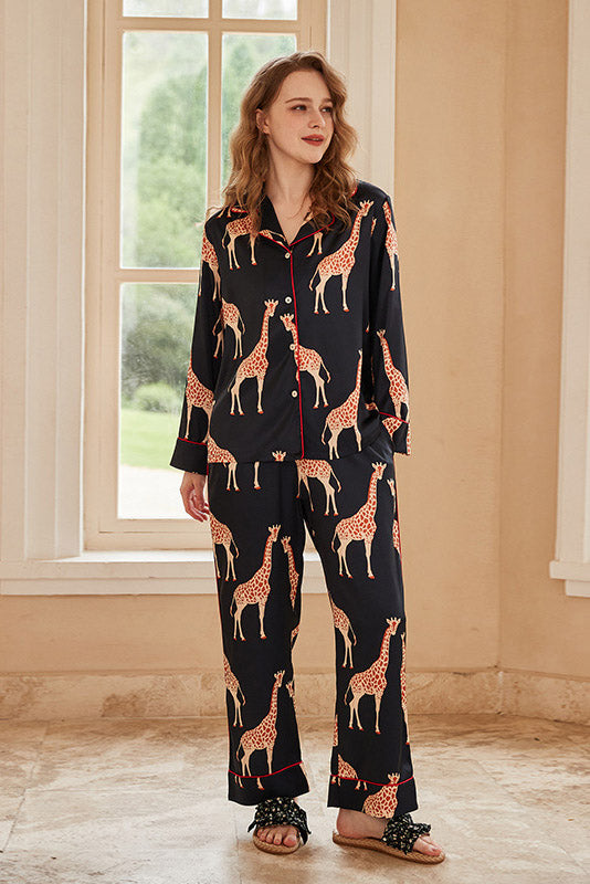 Giraffe Long-Sleeve Ice Silk Set - Black