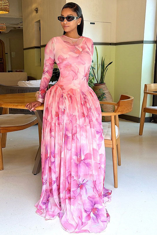 Dreamy Pink Floral Flowy Maxi Dress