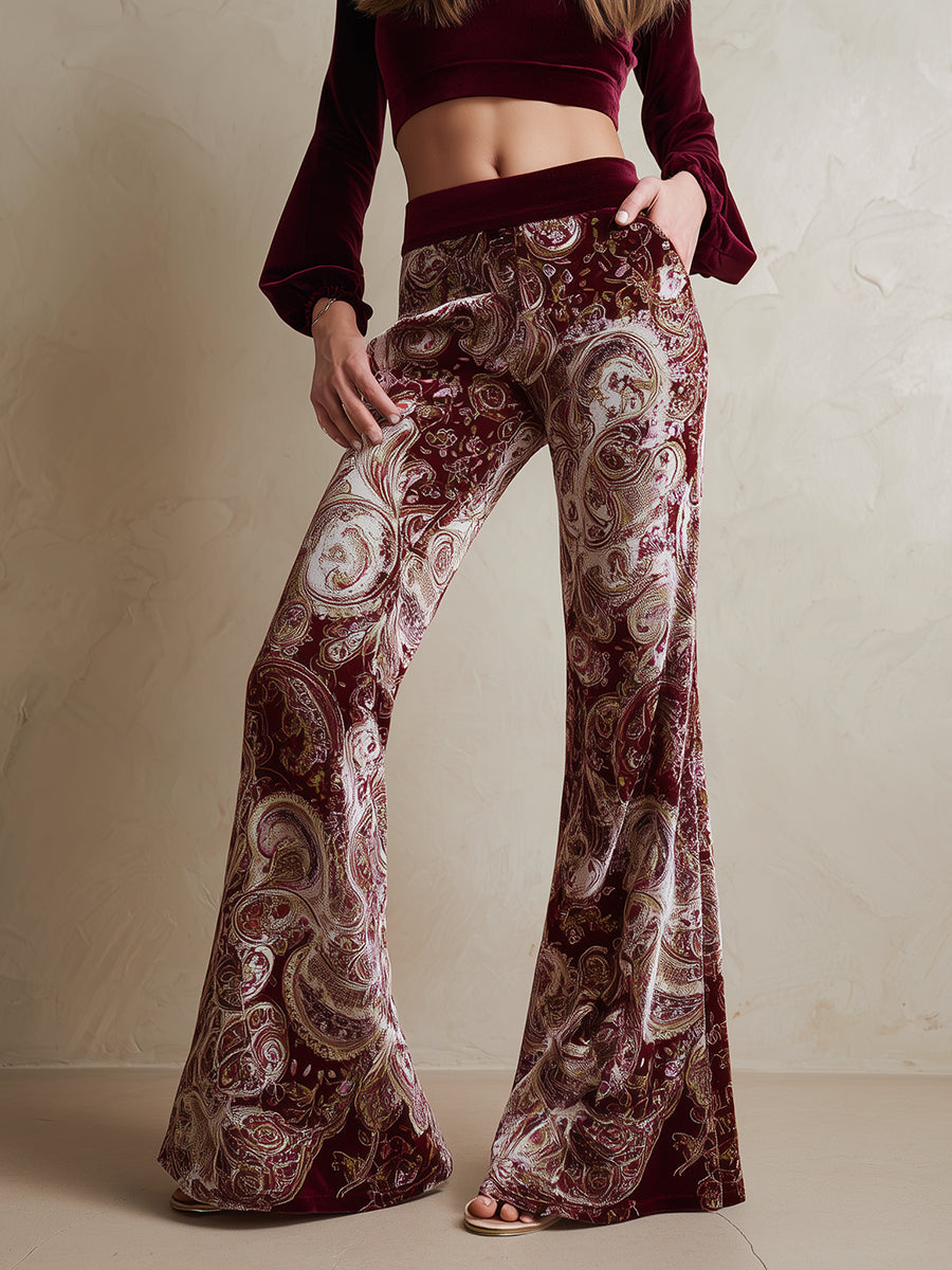 Vintage Paisley Print Burgundy Velvet Pants