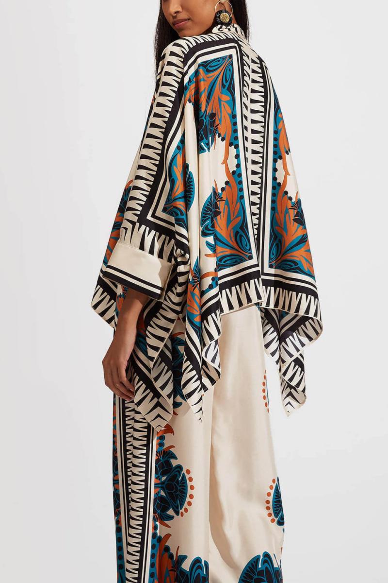 Satin Floral Print Batwing Pants Set - Orange