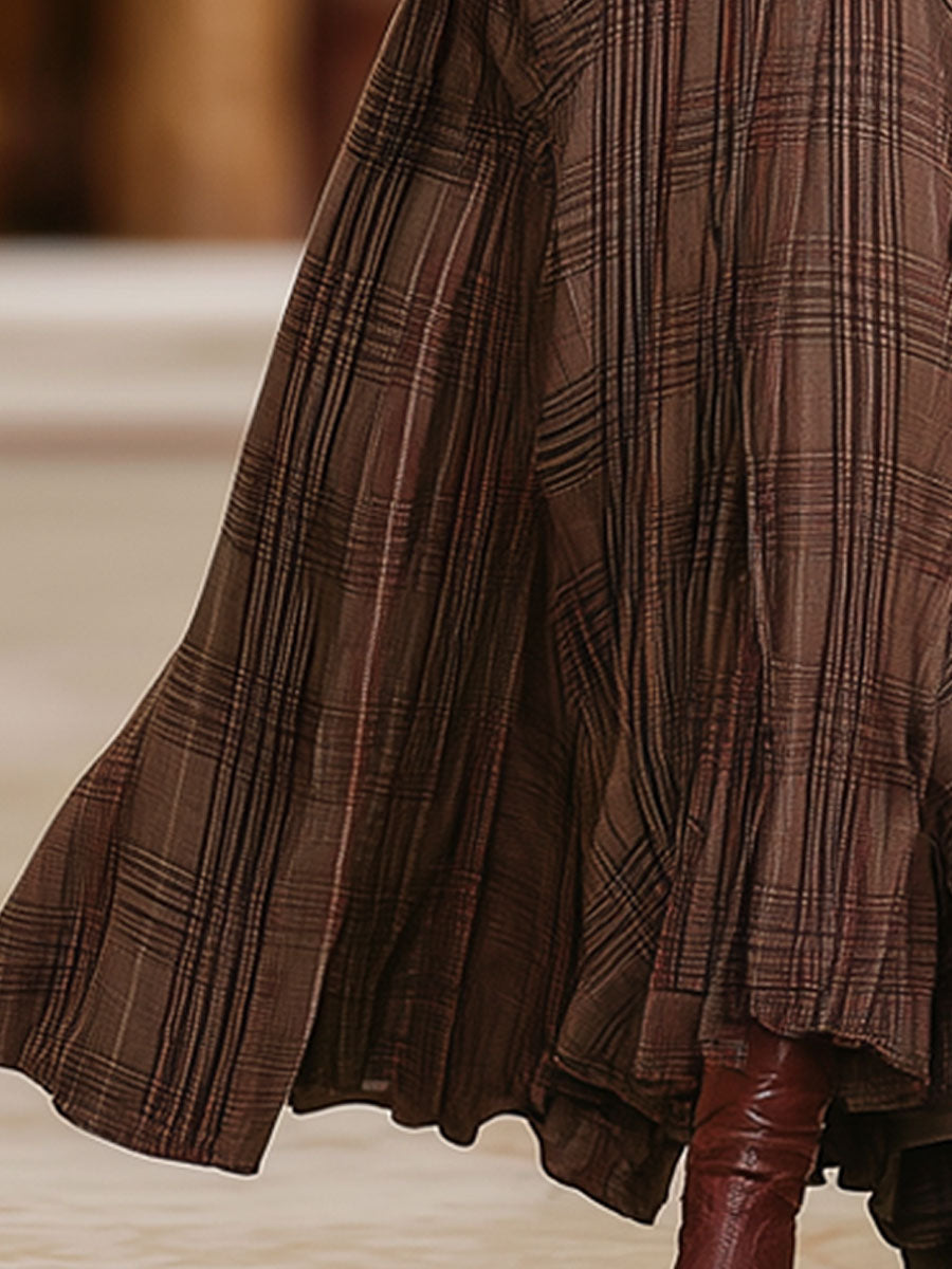 Retro Brown Plaid Double Pocket Elastic Skirt