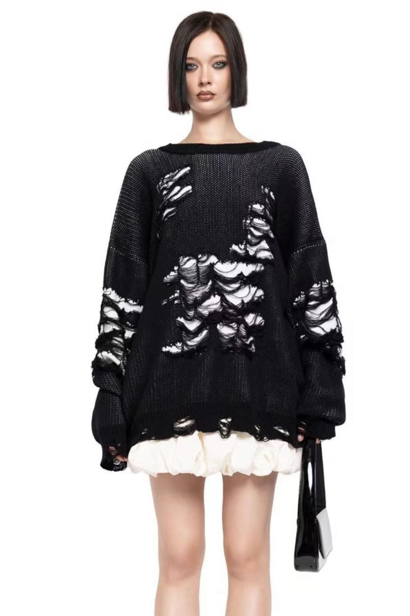 Colorblock Ripped Relaxed Sweater