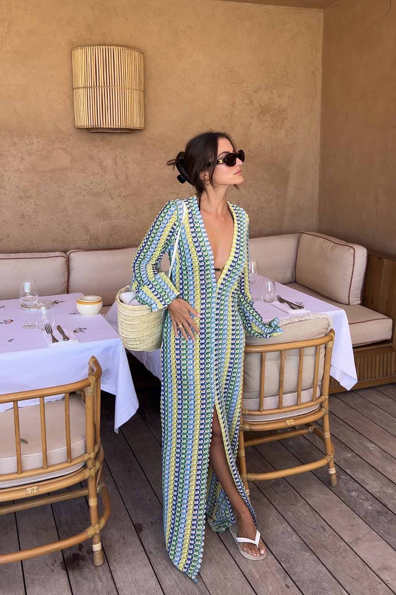 Boho V Neck Bell Sleeve Wavy Striped Maxi Dress
