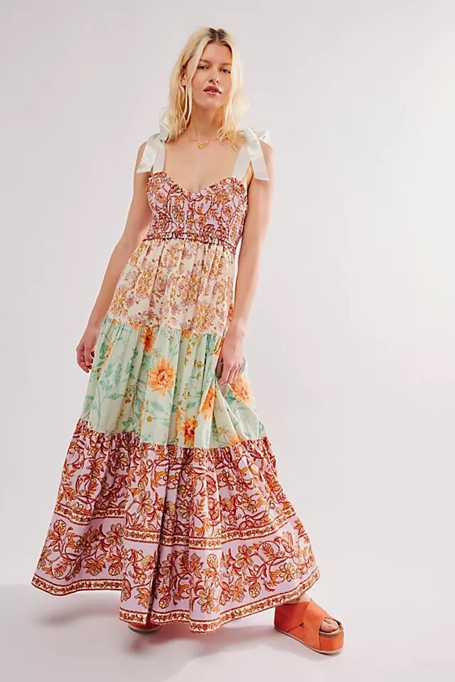 Bow-Strap Floral Tiered Maxi Dress