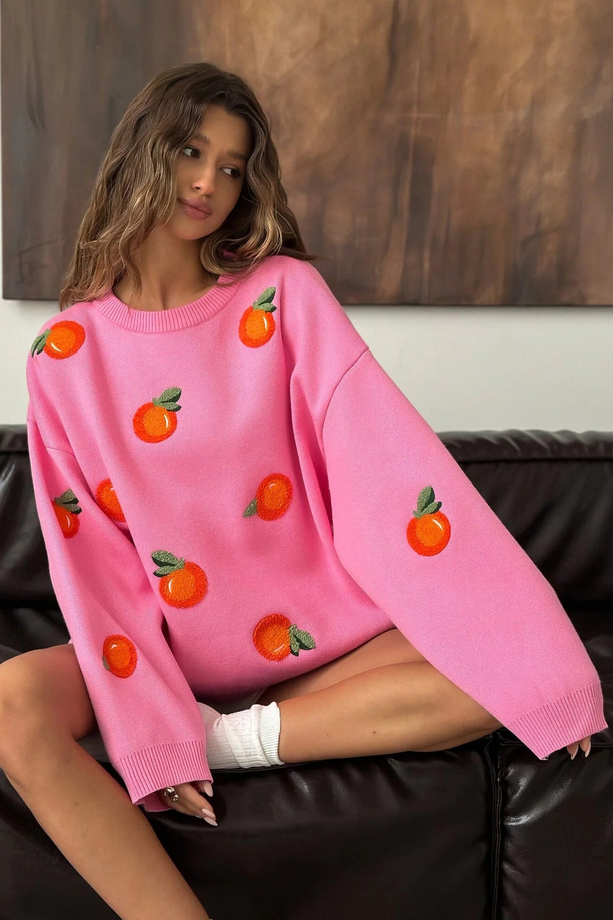 Girls' Orange Flocked Knit Sweater