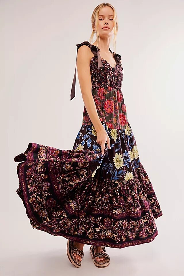 Bow-Strap Floral Tiered Maxi Dress