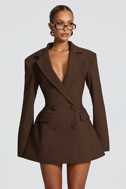 Deep V-Neck Waisted Blazer Mini Dress
