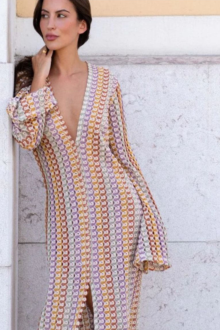 Boho V Neck Bell Sleeve Wavy Striped Maxi Dress