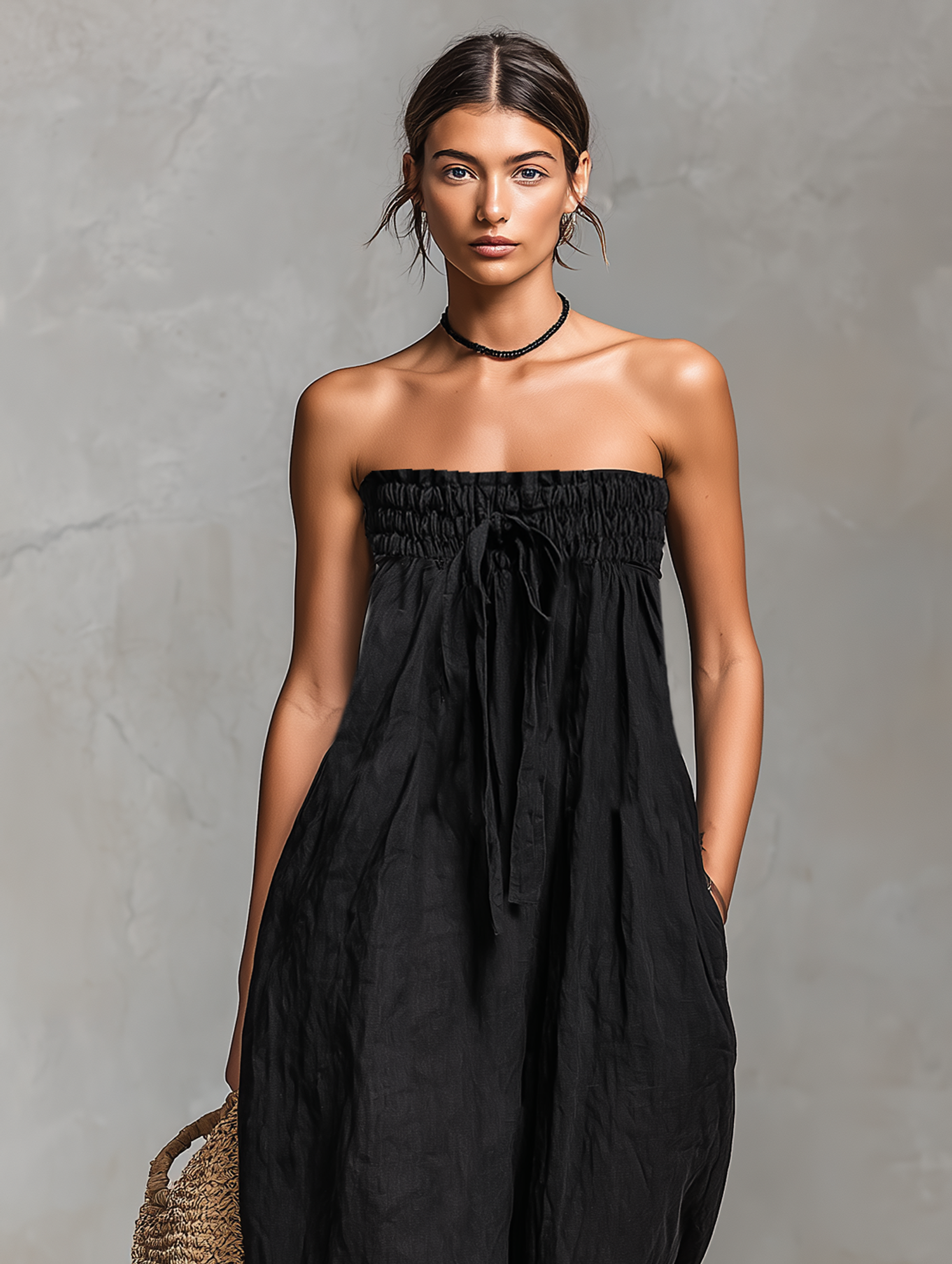 Loose-Fit Linen-Blend Strapless Tie Jumpsuit