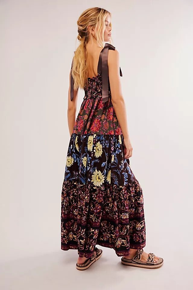 Bow-Strap Floral Tiered Maxi Dress