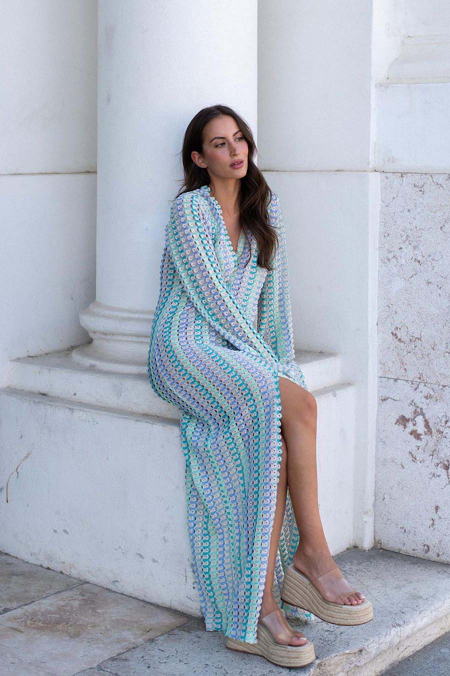 Boho V Neck Bell Sleeve Wavy Striped Maxi Dress