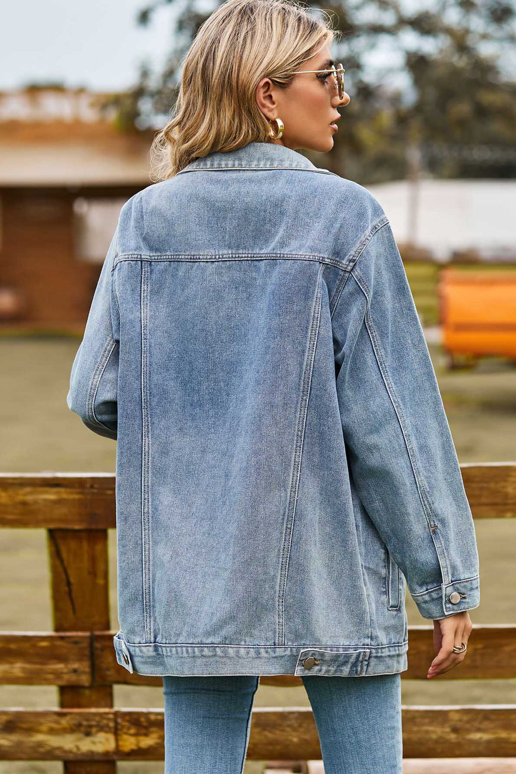 Washed Leopard Print Denim Jacket-Blue