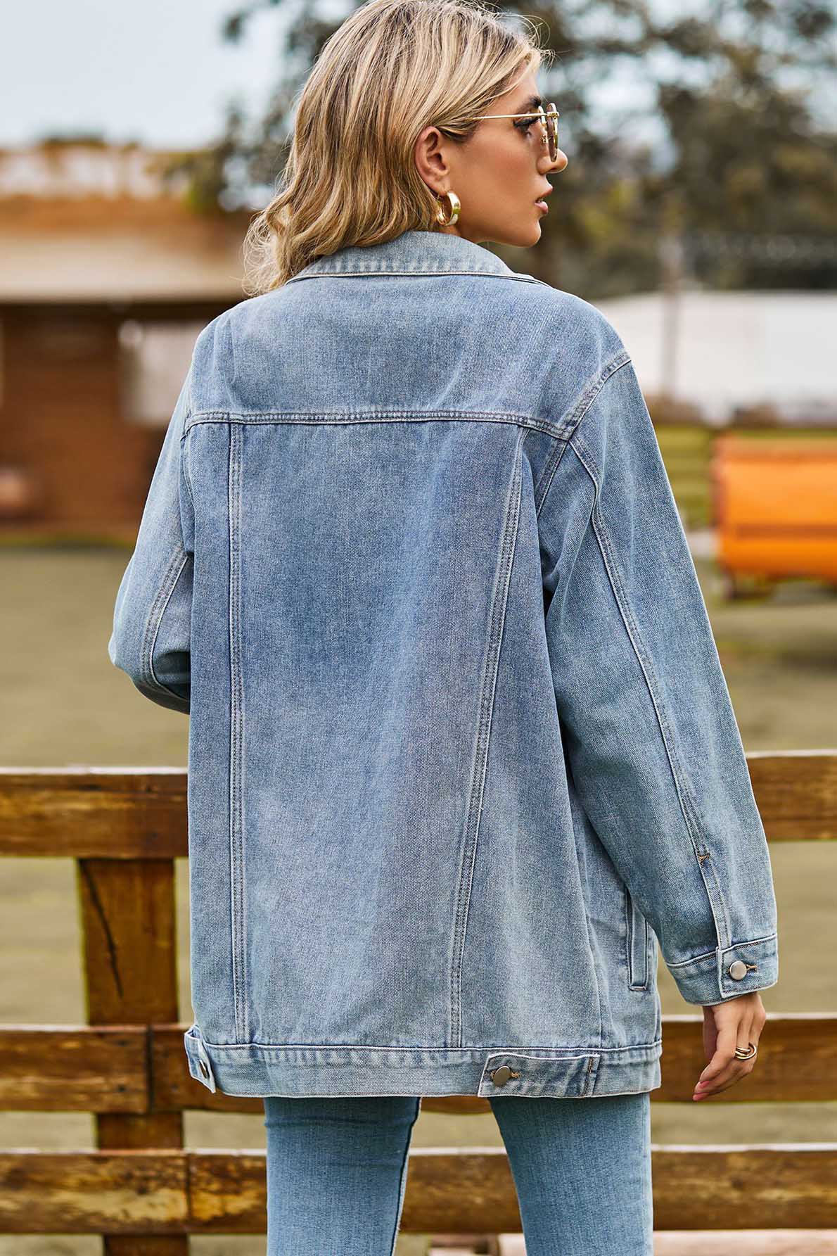 Washed Leopard Print Denim Jacket-Blue