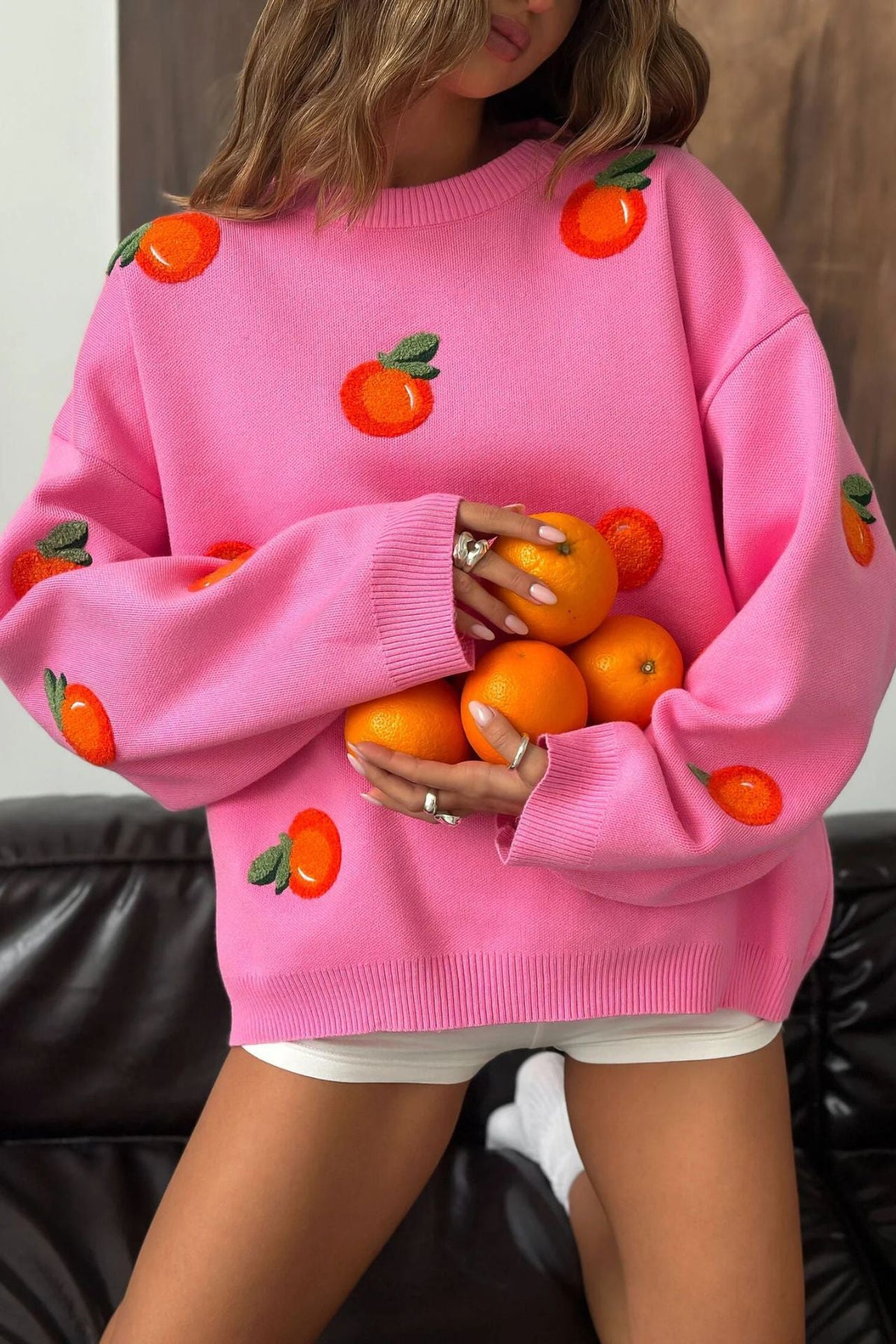 Girls' Orange Flocked Knit Sweater