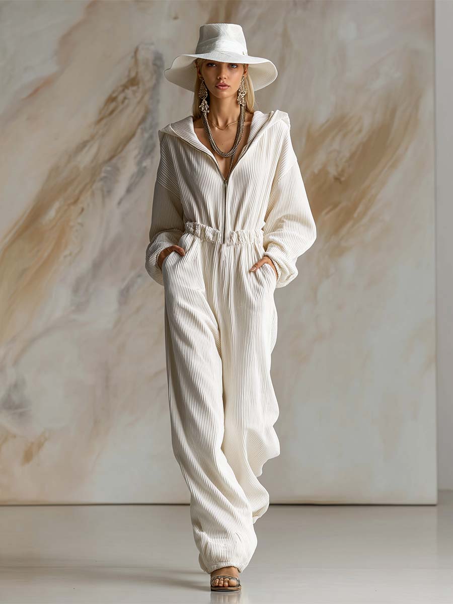 Loose White Corduroy Hooded Long Sleeve Jumpsuit