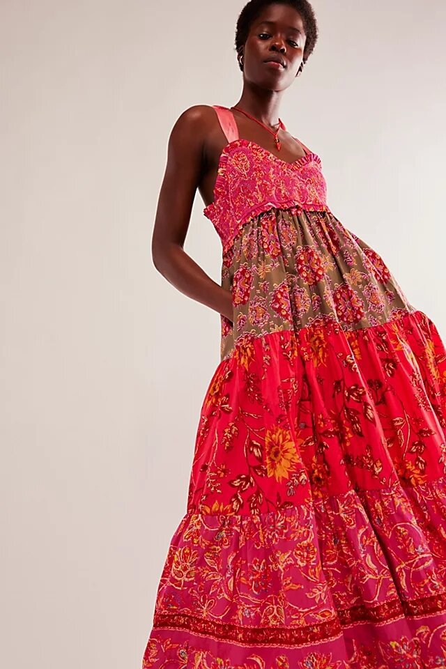 Bow-Strap Floral Tiered Maxi Dress