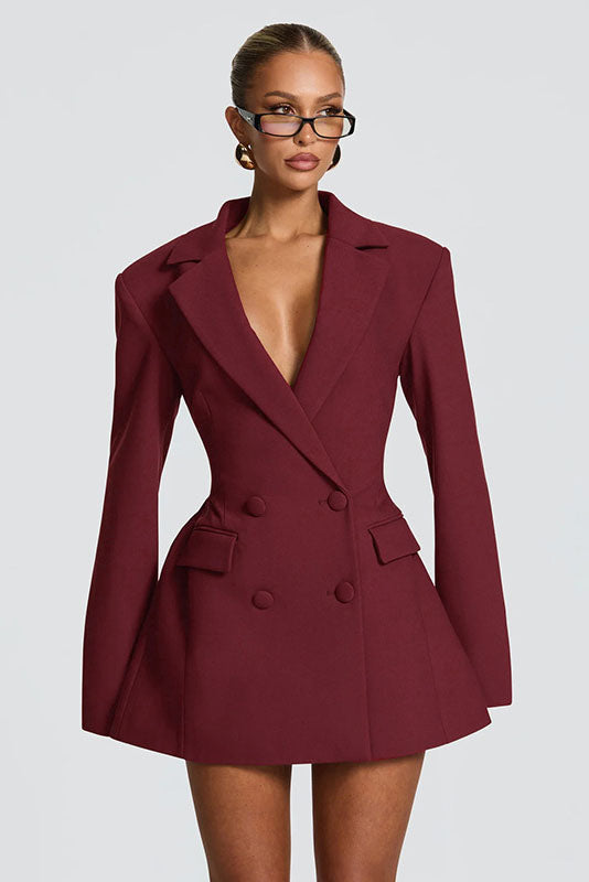 Deep V-Neck Waisted Blazer Mini Dress
