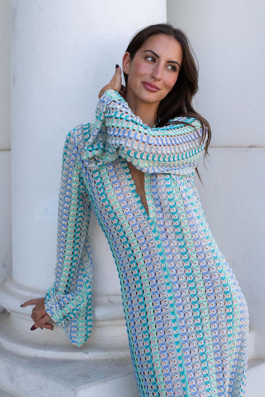 Boho V Neck Bell Sleeve Wavy Striped Maxi Dress
