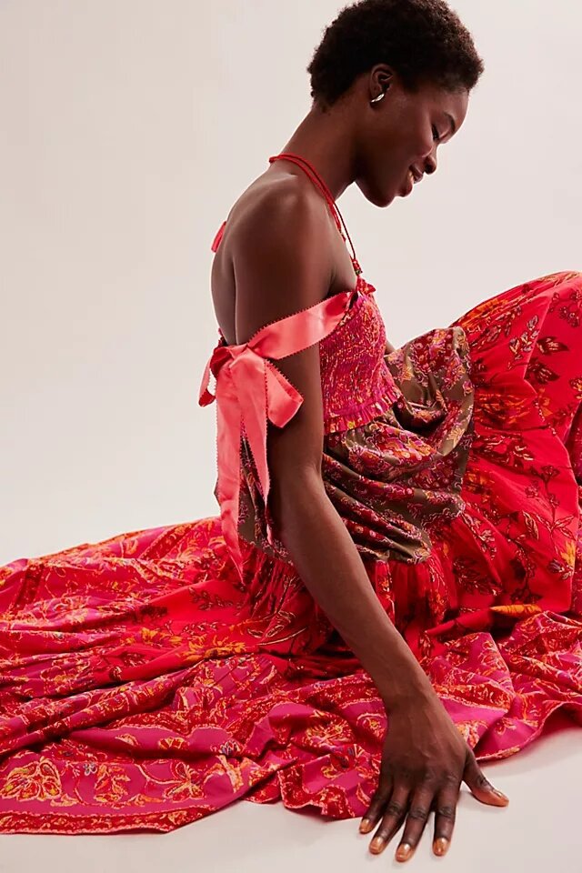 Bow-Strap Floral Tiered Maxi Dress