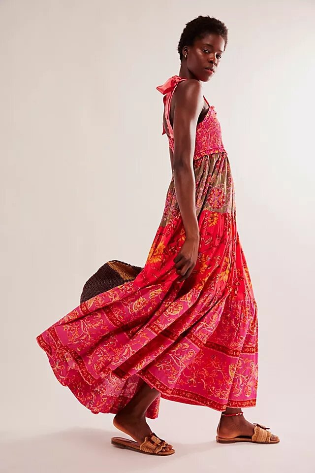 Bow-Strap Floral Tiered Maxi Dress