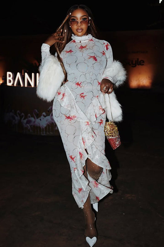Koi Fish Print High-Neck Maxi Dress