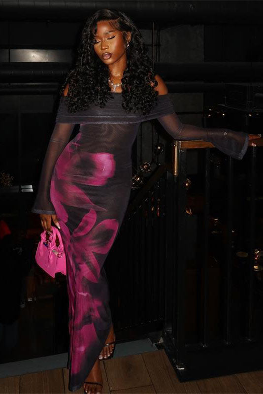 Glamorous Rose Print Sheer Mesh Bodycon Dress