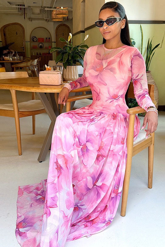 Dreamy Pink Floral Flowy Maxi Dress