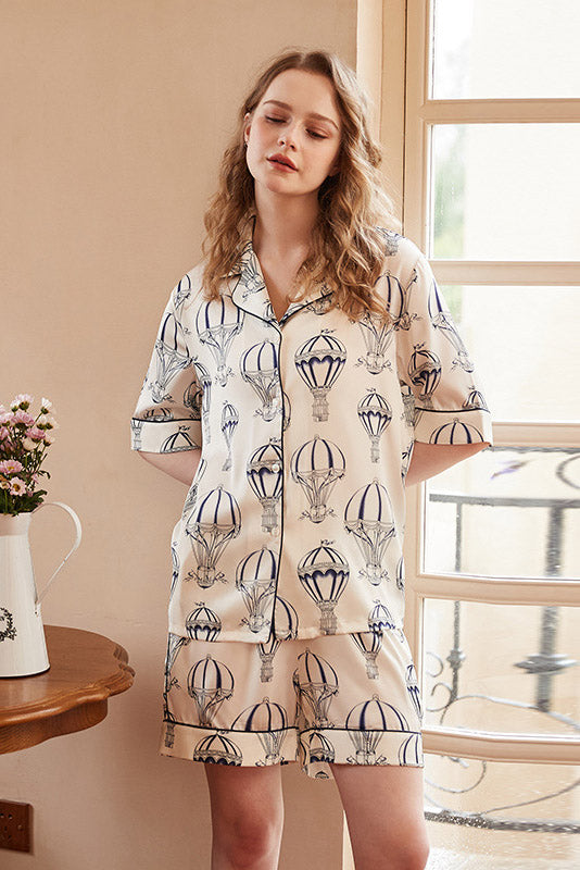 Hot Air Balloon Print Pajama Set - White