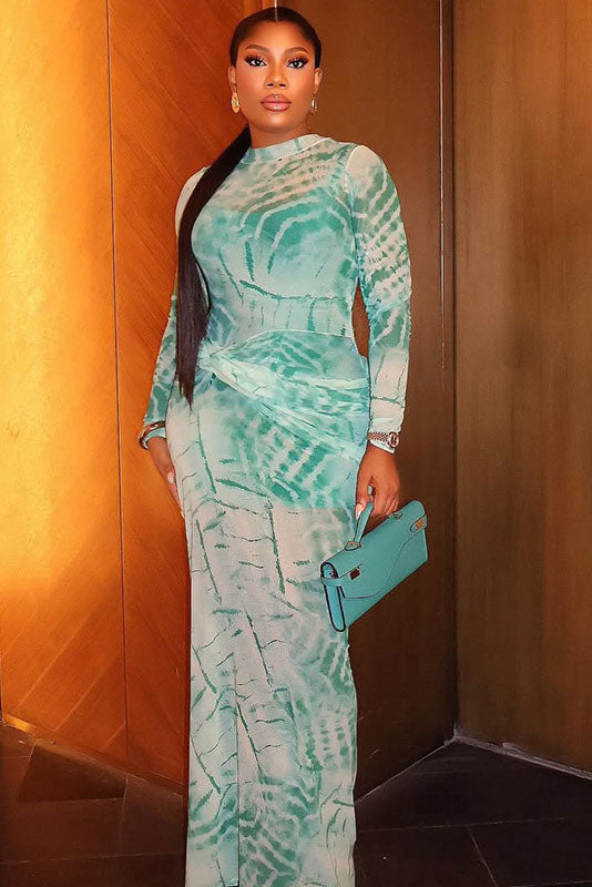 Artistic Teal Tie-Dye Sheer Turtleneck Maxi Dress