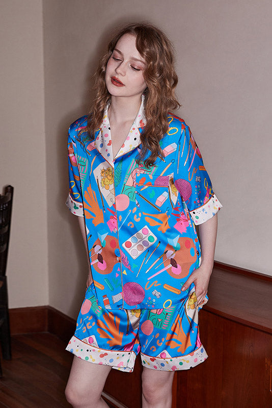 Stationery Print Short-Sleeve Set - Blue