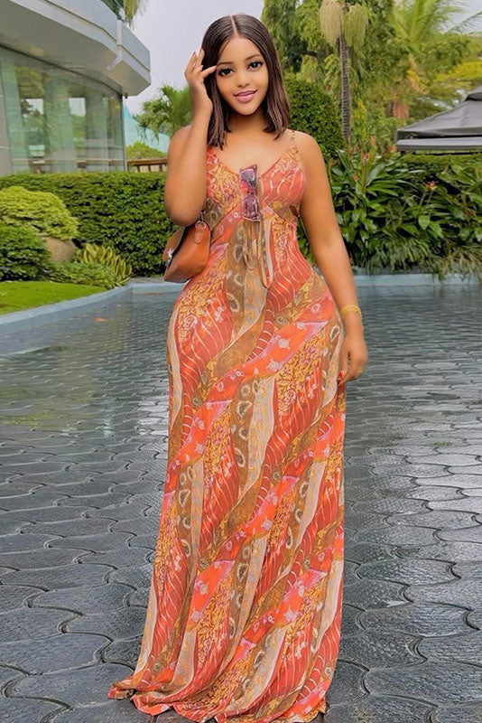 Boho Abstract Floral Mesh Slip Maxi Dress
