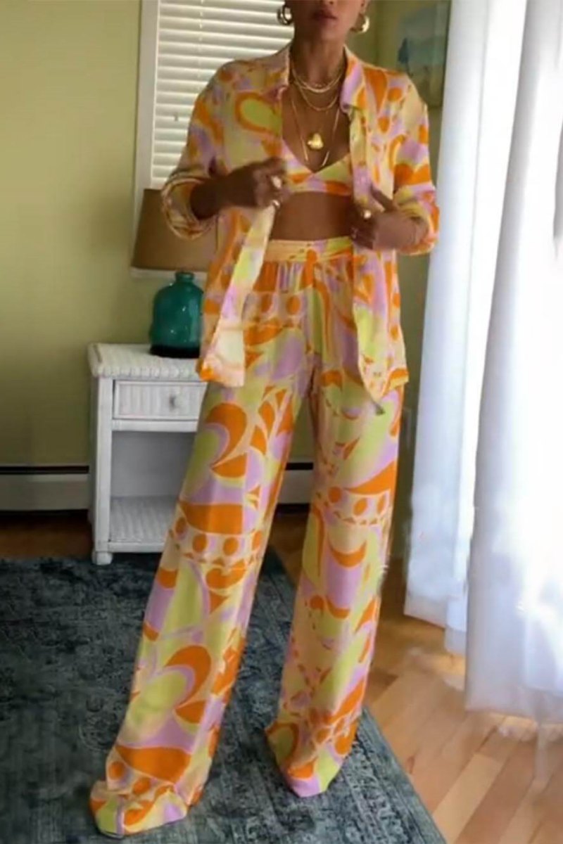 Classic Print Loose Waist Elastic Pants-Set