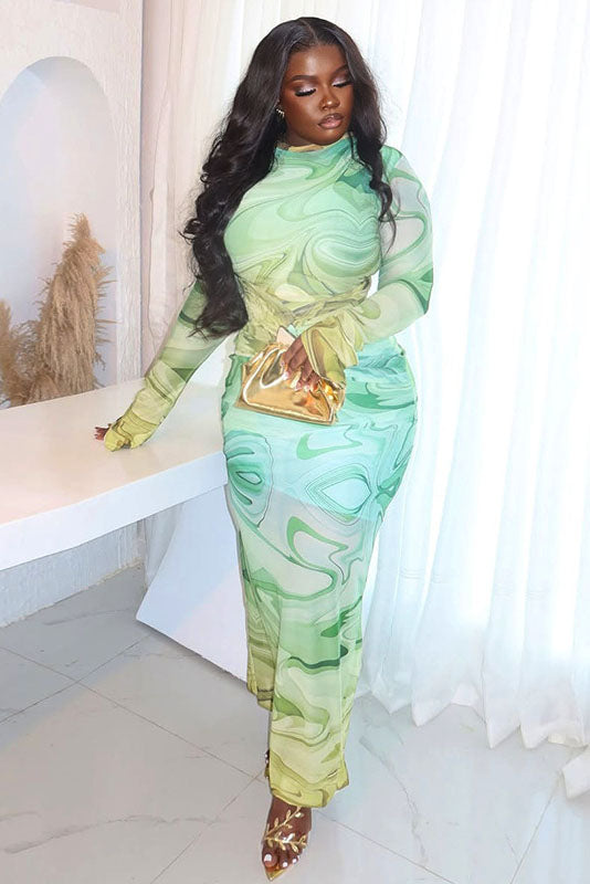 Psychedelic Mint Long Sleeve Slit Maxi Dress
