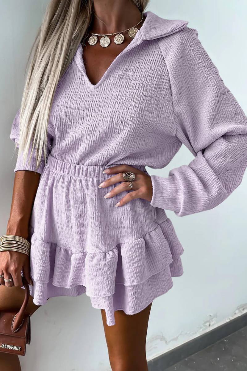 V-Neck Shirt Flared Skort Two-Piece Set