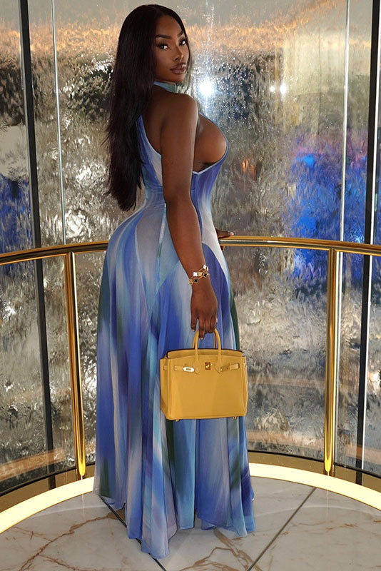 Sky Blue Gradient Halter Backless Maxi Dress