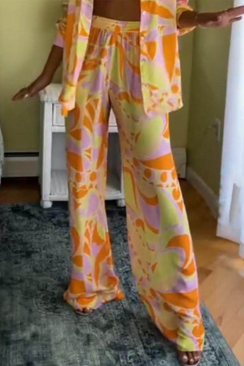 Classic Print Loose Waist Elastic Pants-Set