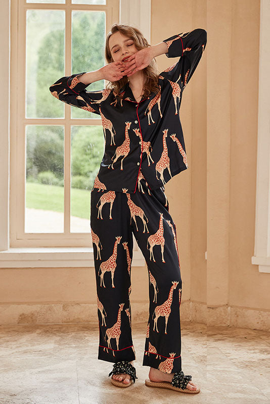 Giraffe Long-Sleeve Ice Silk Set - Black