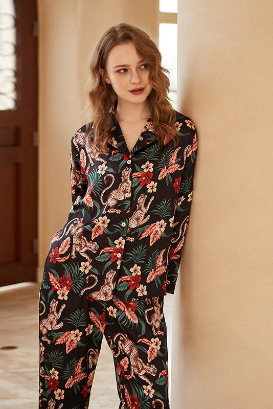 Jaguar Floral Print Long-Sleeve Loungewear Set