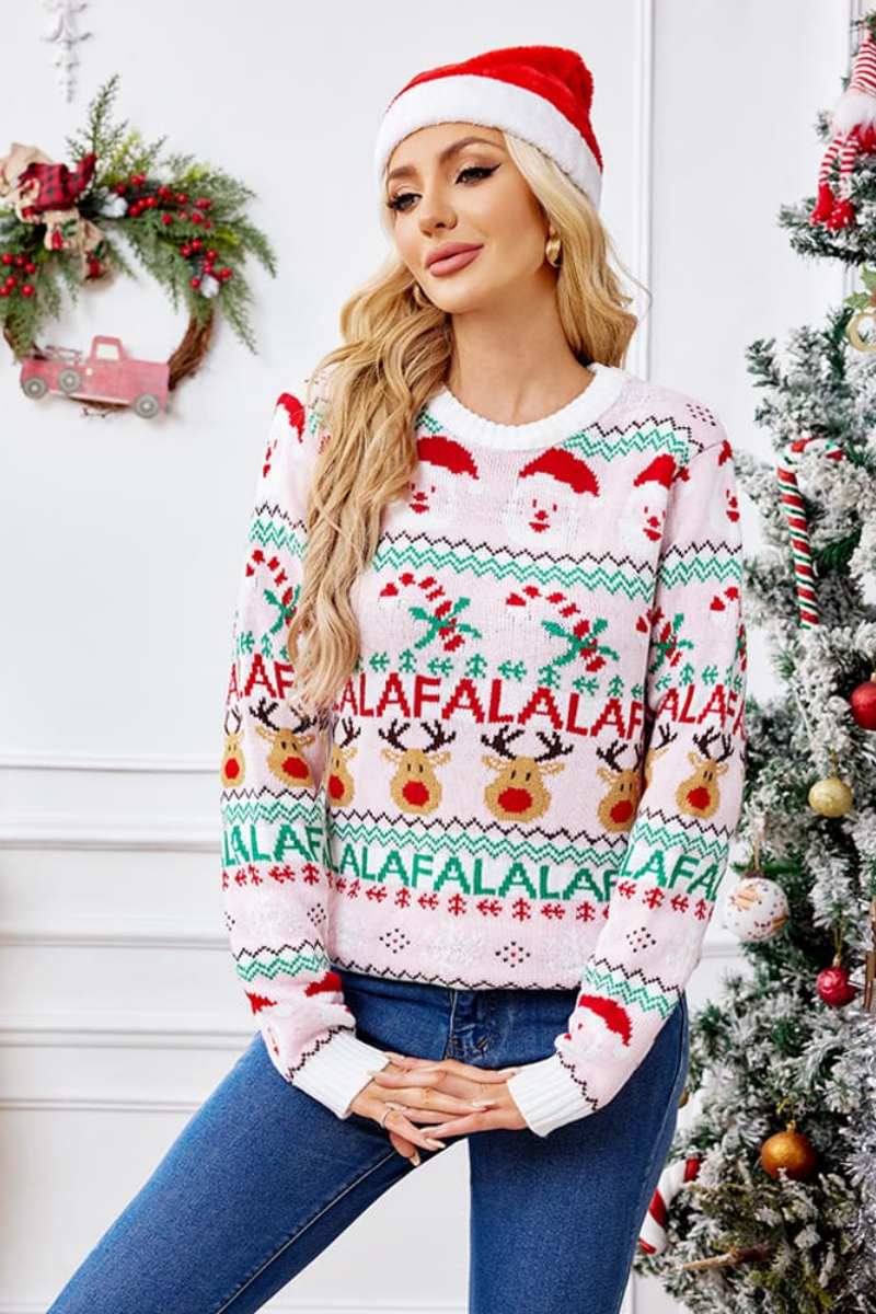 Loose-Fit Round Neck Cartoon Knit Sweater - Pink