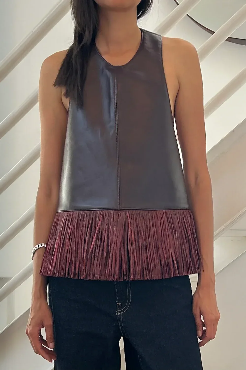 Burgundy Leather Halter Fringe Top