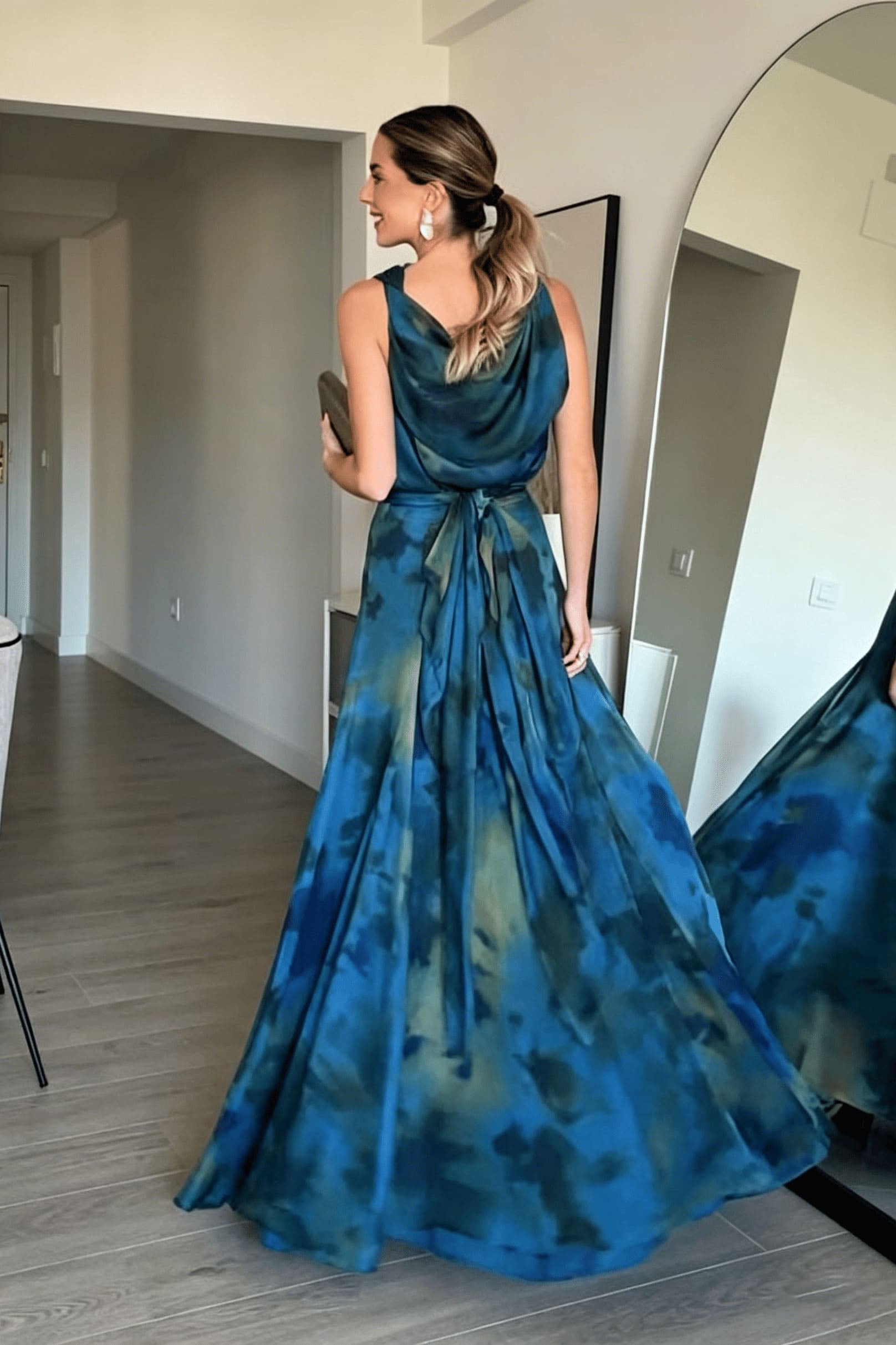 Draped Neck Abstract Skirt Set