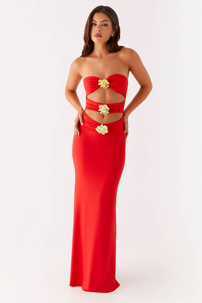 Cutout Design Mature Style Slim Maxi Dress