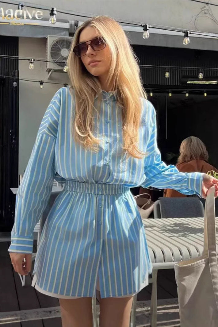 Blue Relaxed Striped Shirt Shorts Set