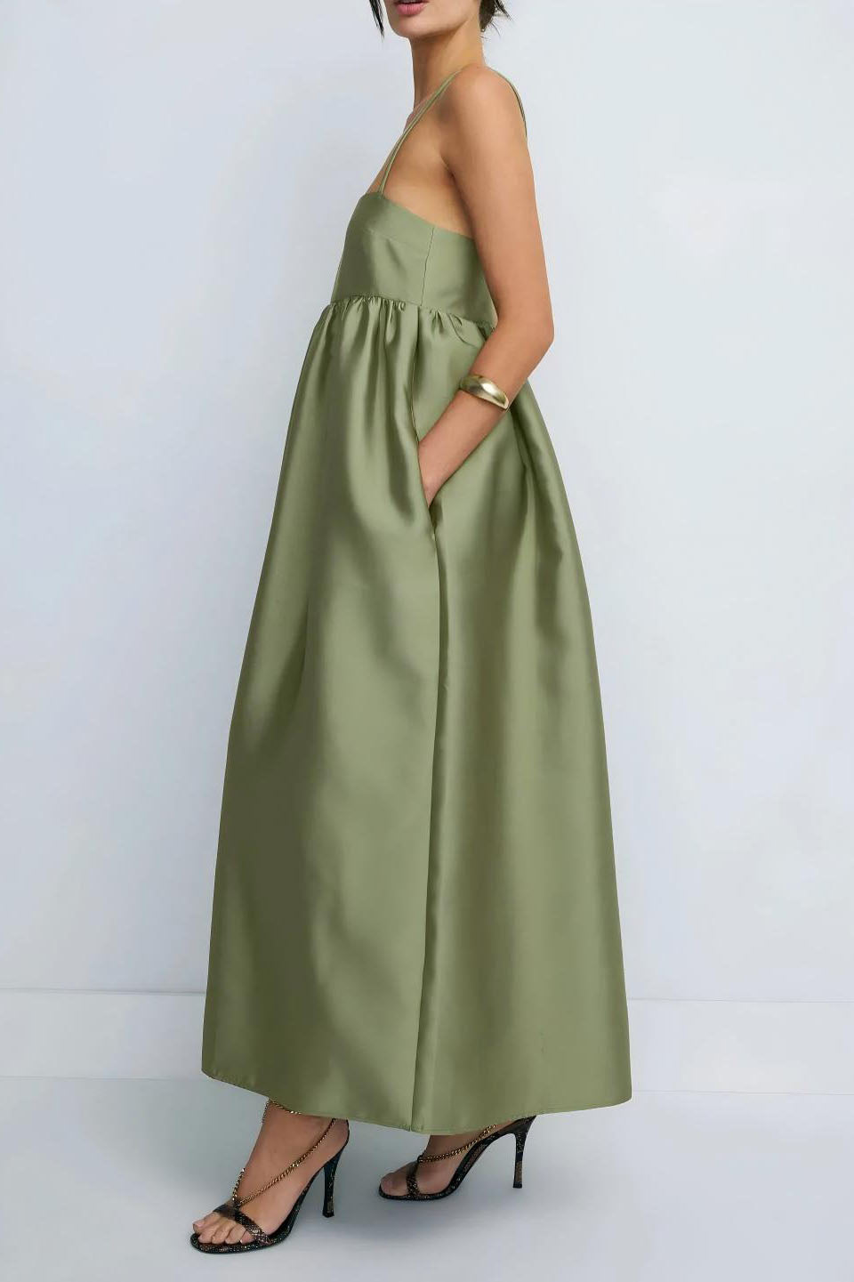Minimalist Olive Green Babydoll Midi Dress