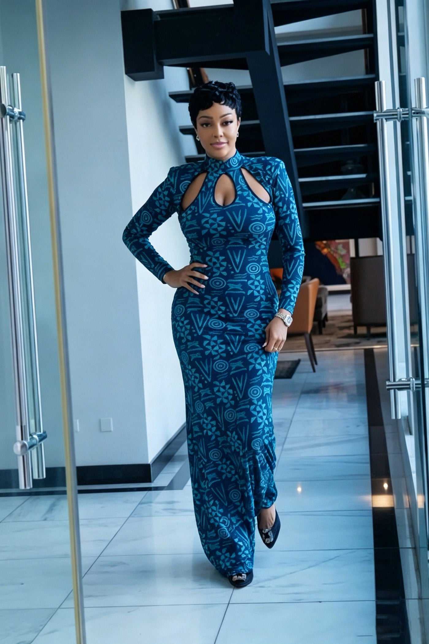 Totem Pattern Mesh Maxi Dress