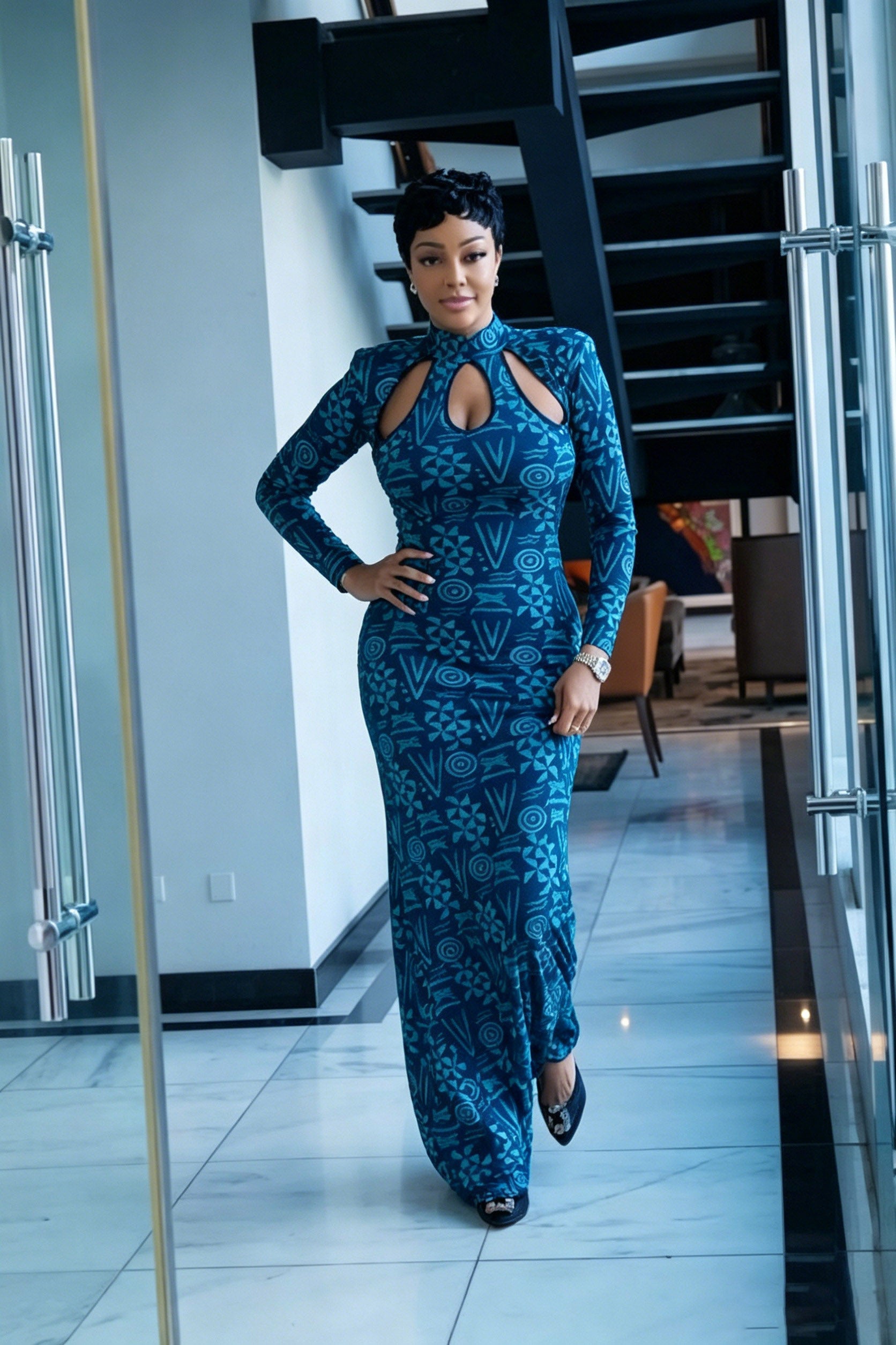 Totem Pattern Mesh Maxi Dress