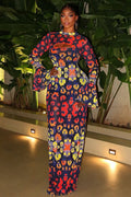 Indigo Retro Blush Art-Pattern Maxi Dress