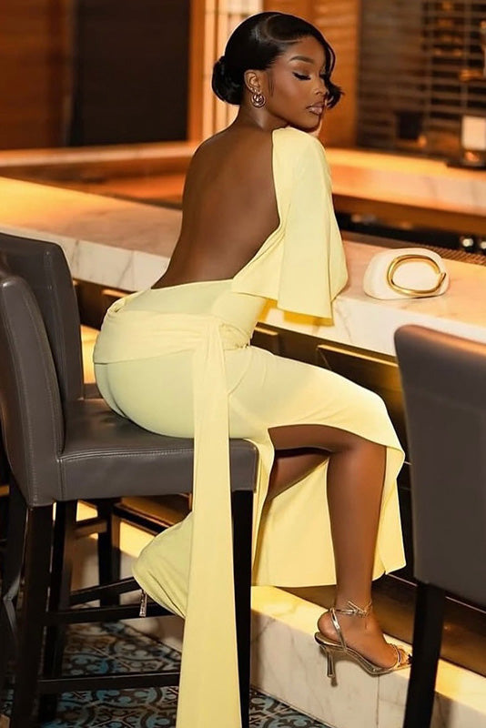 Backless Ruched Slit Maxi Dress