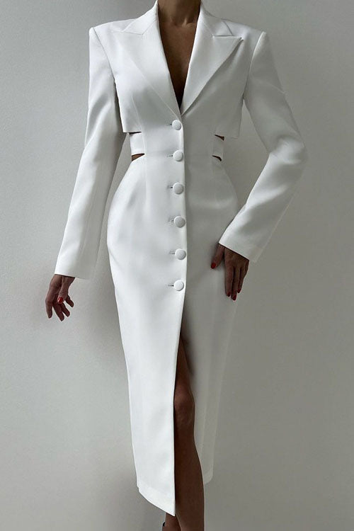 Statement Deep V Metal-Detail Blazer Midi Dress