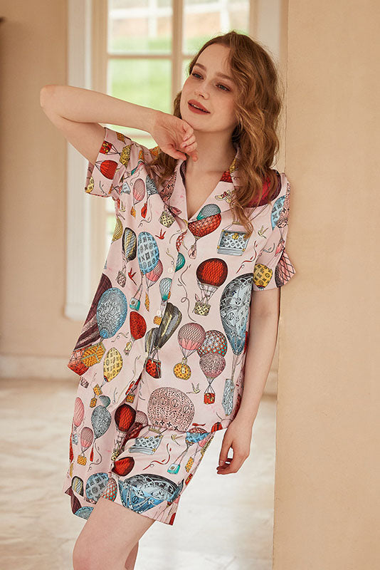 Air Balloon Print Open-Front Short-Sleeve Set